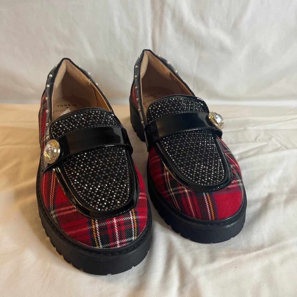 Betsey Johnson Red Plaid and Black Studded Loafers